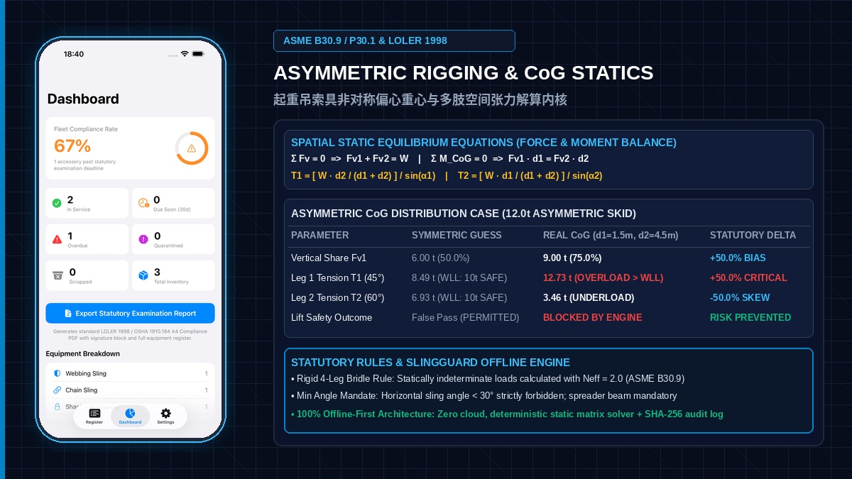 起重吊索具非对称吊点与偏心重心（CoG）多肢张力非线性空间分配：对标 ASME B30.9 / LOLER 的静力平衡解析与端侧离线校核架构