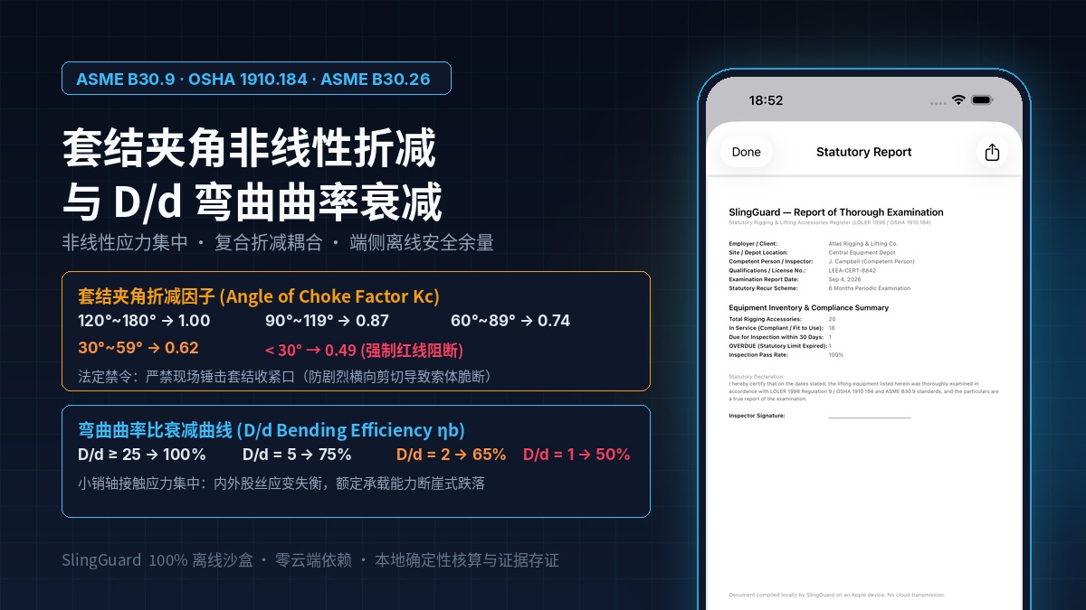 起重吊索具套结夹角折减与 D/d 曲率弯曲应力非线性衰减：基于 ASME B30.9 / OSHA 1910.184 的端侧离线核算架构与安全余量确定性推导