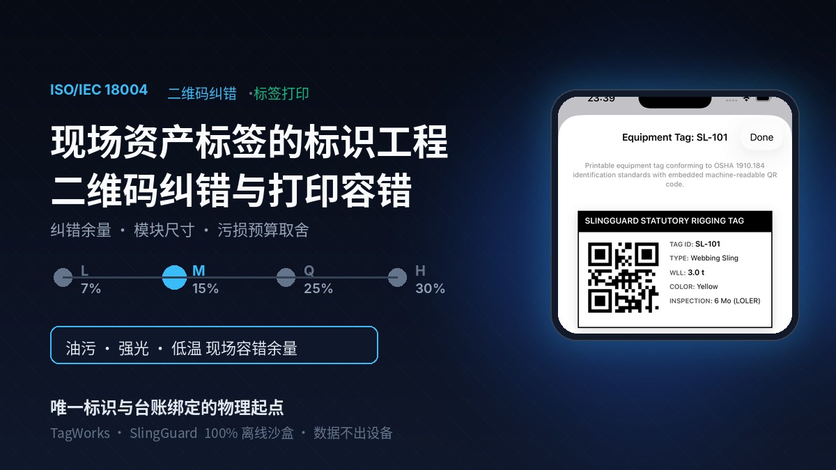 现场资产标签的端侧标识工程：二维码纠错等级、打印分辨率与污损容错取舍