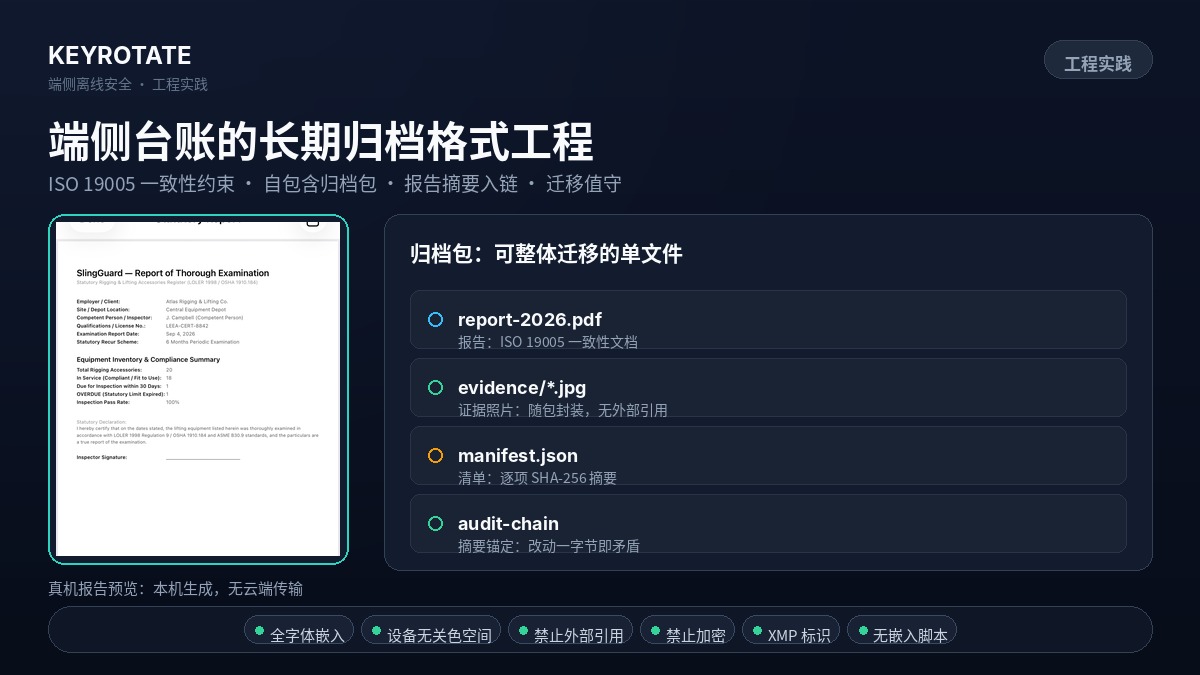 端侧离线合规台账的长期归档格式工程：PDF/A 一致性约束、自包含归档包与迁移值守