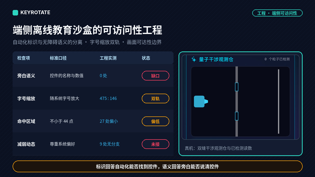 端侧离线教育沙盒的可访问性工程：自动化标识与无障碍语义的分离、字号缩放双轨与画面可达性边界